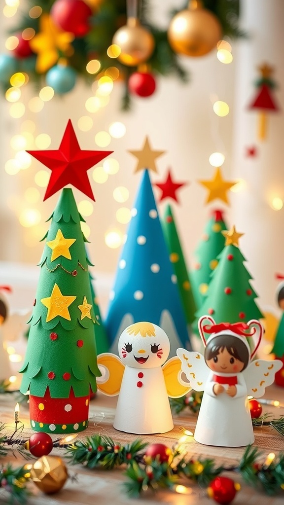 Colorful DIY Christmas decorations made from toilet rolls, including stars and trees, on a festive table.